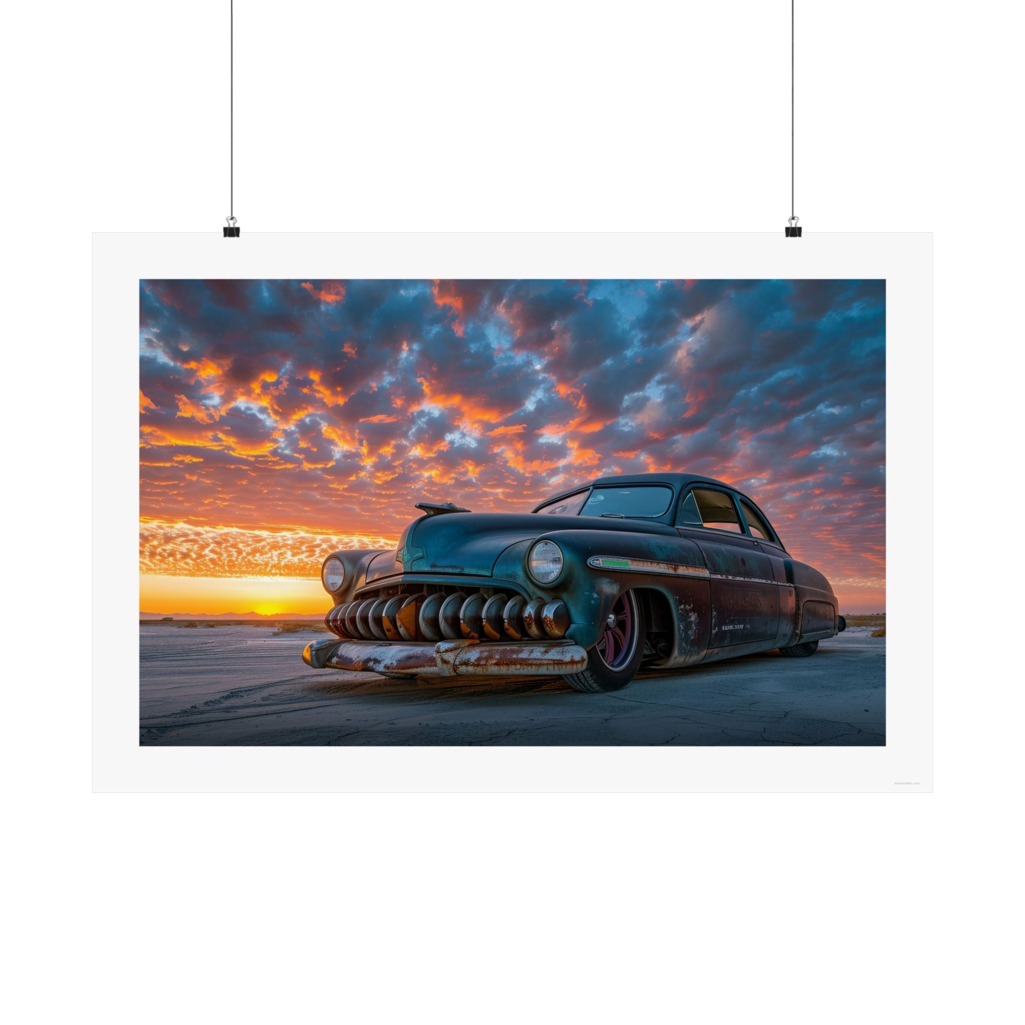 Mercury Rising Gallery Print, vintage mercury parked with the sunrise in the background, rat rod, muscle car, poster, wall art